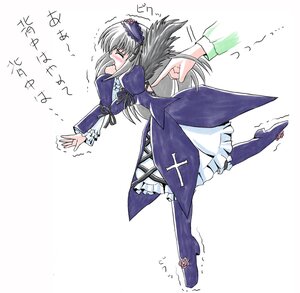 Rating: Safe Score: 0 Tags: 1girl black_wings blush dress flower frills hairband image long_hair long_sleeves pointing ribbon silver_hair simple_background solo solo_focus suigintou trembling white_background wings User: admin