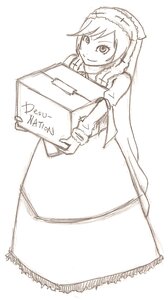 Rating: Safe Score: 0 Tags: 1girl box cardboard_box dress greyscale image long_hair long_sleeves monochrome ponytail simple_background smile solo suiseiseki white_background User: admin