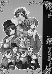 Rating: Safe Score: 0 Tags: 6+girls chibi doujinshi doujinshi_#21 fan flower greyscale hat hood image japanese_clothes kimono monochrome multiple multiple_boys multiple_girls one_eye_closed rose short_hair top_hat User: admin
