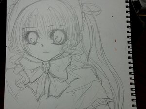 Rating: Safe Score: 0 Tags: 1girl closed_mouth dress greyscale image letterboxed long_hair looking_at_viewer monochrome shinku simple_background sketch smile solo traditional_media upper_body User: admin