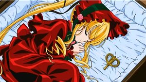 Rating: Safe Score: 0 Tags: 1girl blonde_hair bonnet bow closed_eyes dress image long_hair long_sleeves lying red_dress rose shinku sleeping solo twintails very_long_hair User: admin