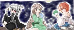 Rating: Safe Score: 0 Tags: blush brown_hair dress fan green_eyes heterochromia holding image long_hair long_sleeves looking_at_viewer multiple multiple_girls paper_fan red_eyes sitting smile suiseiseki tagme uchiwa yukata User: admin
