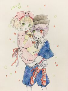 Rating: Safe Score: 0 Tags: 2girls blonde_hair bloomers blush bow dress green_eyes hat heterochromia hina_ichigo hinaichigo image m_putorius multiple_girls pair purple_hair red_eyes ribbon short_hair smile souseiseki traditional_media User: admin