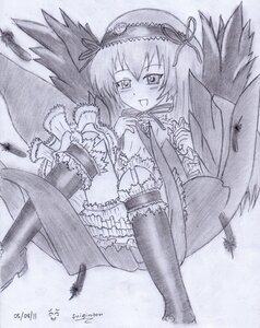 Rating: Safe Score: 0 Tags: 1girl blush dress frills full_body hairband image long_hair long_sleeves looking_at_viewer monochrome open_mouth smile solo suigintou traditional_media very_long_hair wings User: admin