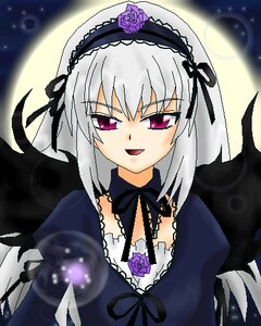 Rating: Safe Score: 0 Tags: 1girl :d black_wings crescent_moon detached_collar dress flower full_moon hairband image lolita_hairband long_hair long_sleeves looking_at_viewer moon night open_mouth pink_eyes rose silver_hair smile solo suigintou upper_body wings User: admin