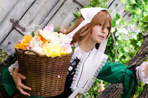 Rating: Safe Score: 0 Tags: 1girl basket blonde_hair dress flower head_scarf lips long_hair solo suiseiseki User: admin