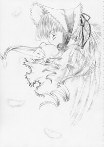 Rating: Safe Score: 0 Tags: 1girl animal_ears apple closed_eyes drill_hair fruit greyscale holding_fruit image long_hair long_sleeves monochrome shinku solo traditional_media very_long_hair User: admin
