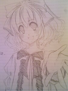 Rating: Safe Score: 0 Tags: 1girl bow graphite_(medium) hair_bow hands hinaichigo image looking_at_viewer monochrome smile solo traditional_media User: admin