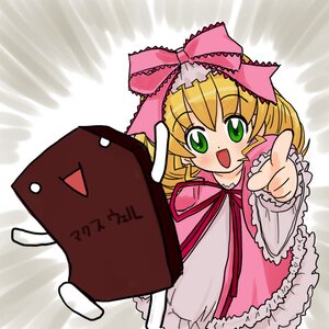 Rating: Safe Score: 0 Tags: 1girl :d blonde_hair bow dress frills green_eyes hina_ichigo hinaichigo image long_sleeves looking_at_viewer open_mouth pink_bow pink_dress pointing short_hair smile solo User: admin