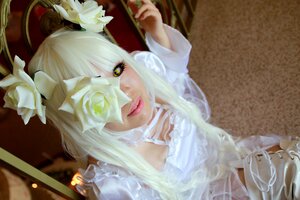 Rating: Safe Score: 0 Tags: 1girl bangs eyepatch flower hair_flower hair_ornament kirakishou lips long_hair solo white_flower white_hair white_rose yellow_eyes User: admin