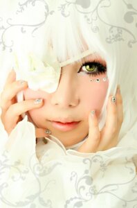 Rating: Safe Score: 0 Tags: 1girl bangs blurry close-up depth_of_field earrings fingernails jewelry kirakishou lips looking_at_viewer nail_art nail_polish piercing ring solo white_background white_hair yellow_eyes User: admin