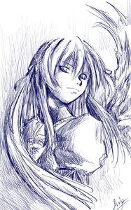 Rating: Safe Score: 0 Tags: 1girl closed_mouth hair_ribbon image long_hair looking_at_viewer monochrome ribbon signature solo suigintou traditional_media upper_body User: admin