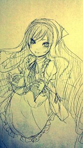 Rating: Safe Score: 0 Tags: 1girl apron blush dress eyebrows_visible_through_hair frills hairband image long_hair long_sleeves looking_at_viewer monochrome ribbon sketch smile solo suiseiseki traditional_media User: admin