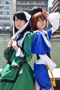 Rating: Safe Score: 0 Tags: 2girls bangs black_hair blue_dress brown_hair building dress green_dress long_hair long_sleeves looking_at_viewer multiple_cosplay multiple_girls outdoors short_hair standing tagme User: admin