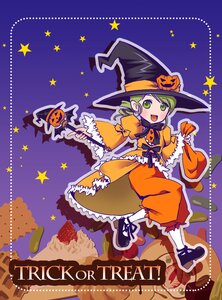 Rating: Safe Score: 0 Tags: 1girl food green_eyes green_hair hat image jack-o'-lantern kanaria open_mouth solo User: admin