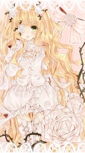 Rating: Safe Score: 0 Tags: 1girl auto_tagged blonde_hair dress eyepatch flower frills green_eyes hair_flower hair_ornament image kirakishou long_hair rose solo thorns very_long_hair white_flower white_rose User: admin