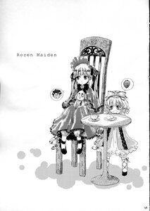 Rating: Safe Score: 0 Tags: 2girls bonnet bow doujinshi doujinshi_#95 dress food frills greyscale image long_hair long_sleeves monochrome multiple multiple_girls shinku shoes sitting teacup User: admin