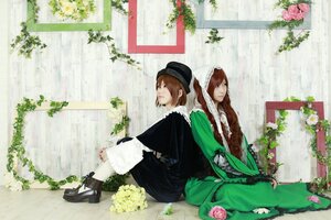 Rating: Safe Score: 0 Tags: 2girls back-to-back brown_hair curtains dress flower green_dress hat long_hair long_sleeves multiple_cosplay multiple_girls sitting suiseiseki tagme window User: admin