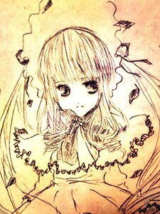 Rating: Safe Score: 0 Tags: 1girl bangs bowtie frills image looking_at_viewer monochrome ribbon shinku simple_background solo upper_body yellow_theme User: admin