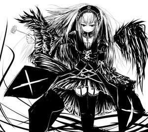 Rating: Safe Score: 0 Tags: 1girl black_wings dress feathered_wings frills greyscale hairband image lolita_hairband long_hair long_sleeves looking_at_viewer monochrome rose solo suigintou thighhighs wings User: admin