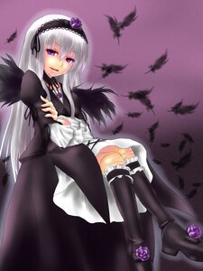 Rating: Safe Score: 0 Tags: 1girl :d bird black_legwear black_wings boots crossed_legs dress feathers flower frills gothic_lolita hairband image knee_boots kneehighs leg_garter lolita_fashion lolita_hairband long_hair long_sleeves looking_at_viewer natsu_no_koucha open_mouth pink_eyes purple_eyes purple_flower purple_rose rose rozen_maiden silver_hair sitting smile solo suigintou very_long_hair wings User: admin