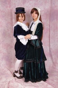 Rating: Safe Score: 0 Tags: 2girls brown_hair dress hat holding_hands interlocked_fingers lips long_hair long_sleeves looking_at_viewer multiple_cosplay multiple_girls siblings sisters souseiseki standing suiseiseki tagme twins white_legwear User: admin