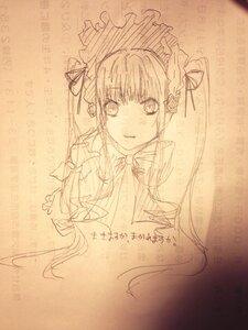 Rating: Safe Score: 0 Tags: 1girl bangs bow eyebrows_visible_through_hair frills image long_hair looking_at_viewer monochrome ribbon shinku sketch smile solo upper_body User: admin