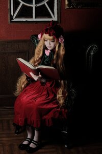 Rating: Safe Score: 0 Tags: 1girl black_footwear blonde_hair book bow dress flower long_hair open_book red_dress shinku shoes sitting solo very_long_hair window User: admin
