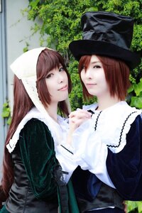 Rating: Safe Score: 0 Tags: 2girls brown_eyes brown_hair dress hat long_hair long_sleeves looking_at_viewer multiple_cosplay multiple_girls red_hair souseiseki suiseiseki tagme User: admin