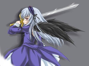 Rating: Safe Score: 0 Tags: 1girl auto_tagged black_wings cowboy_shot dress frilled_sleeves frills grey_background hairband holding holding_sword holding_weapon image juliet_sleeves lolita_hairband long_hair long_sleeves looking_at_viewer photoshop_(medium) puffy_sleeves purple_dress red_eyes ribbon rozen_maiden simple_background solo standing suigintou sword unsheathed wan'yan_aguda weapon wings User: admin
