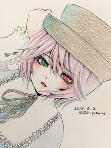 Rating: Safe Score: 0 Tags: 1girl artist_name dated green_eyes hat heterochromia image lips looking_at_viewer m_putorius pink_hair red_eyes short_hair signature simple_background solo souseiseki traditional_media upper_body User: admin