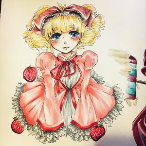Rating: Safe Score: 0 Tags: 1girl apple blonde_hair blue_eyes blush bow dress food frills fruit grapes hina_ichigo hinaichigo image long_sleeves looking_at_viewer pink_dress ribbon short_hair solo strawberry tears traditional_media User: admin