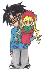 Rating: Safe Score: 0 Tags: 1boy 1girl black_hair blonde_hair blue_eyes bonnet bowtie closed_eyes dress drill_hair image long_hair long_sleeves pants shinku solo spiked_hair twin_drills white_background User: admin