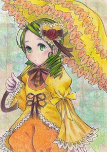 Rating: Safe Score: 0 Tags: 1girl dress flower frills green_eyes green_hair hat image kanaria long_sleeves looking_at_viewer puffy_sleeves ribbon rose short_hair solo traditional_media yellow_dress User: admin