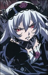 Rating: Safe Score: 0 Tags: 1girl dress flower gothic_lolita hat image lolita_fashion lolita_hairband long_hair purple_rose red_eyes remilia_scarlet rose solo suigintou User: admin