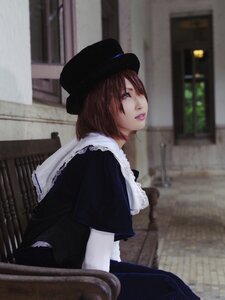 Rating: Safe Score: 0 Tags: 1girl blurry brown_hair capelet hat lips lipstick makeup short_hair sitting solo souseiseki User: admin
