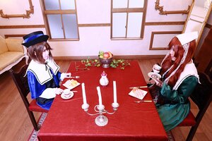 Rating: Safe Score: 0 Tags: brown_hair cup flower hat indoors multiple_cosplay multiple_girls sitting table tagme vase window User: admin