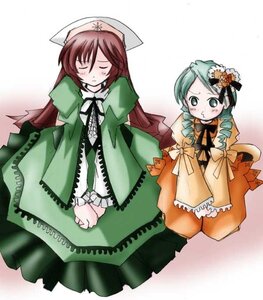 Rating: Safe Score: 0 Tags: 2girls blush brown_hair closed_eyes dress frills green_dress hat image kanaria long_hair long_sleeves multiple_girls pair siblings sisters suiseiseki twins white_background User: admin