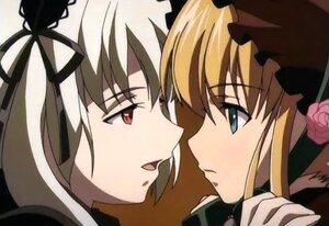 Rating: Safe Score: 0 Tags: 2girls black_ribbon blonde_hair blush close-up eye_contact flower frills hair_ribbon hat image long_hair looking_at_another multiple_girls pair profile ribbon rose shinku siblings simple_background sisters suigintou User: admin