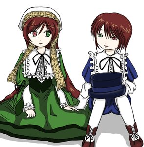 Rating: Safe Score: 0 Tags: 2girls auto_tagged blue_dress brown_hair dress frills green_dress green_eyes head_scarf heterochromia image long_hair long_sleeves looking_at_viewer multiple_girls open_mouth pair red_eyes siblings simple_background sisters sitting souseiseki suiseiseki twins white_background User: admin