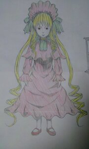 Rating: Safe Score: 0 Tags: 1girl blonde_hair bonnet dress drill_hair full_body grey_background image long_hair long_sleeves looking_at_viewer photo pink_dress shinku simple_background solo standing traditional_media twin_drills very_long_hair User: admin