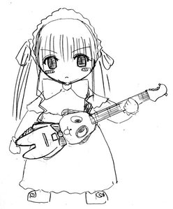 Rating: Safe Score: 0 Tags: 1girl chibi dress greyscale image instrument long_hair long_sleeves looking_at_viewer monochrome shinku simple_background solo standing very_long_hair white_background User: admin