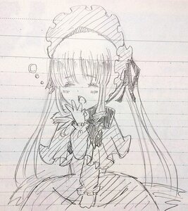Rating: Safe Score: 0 Tags: 1girl blush closed_eyes dress graphite_(medium) greyscale image long_hair long_sleeves monochrome open_mouth shinku solo traditional_media twintails very_long_hair User: admin