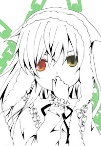 Rating: Safe Score: 0 Tags: 1girl auto_tagged bangs blush chain covering_mouth eyebrows_visible_through_hair frills heterochromia image long_hair long_sleeves looking_at_viewer monochrome solo suiseiseki upper_body white_background User: admin
