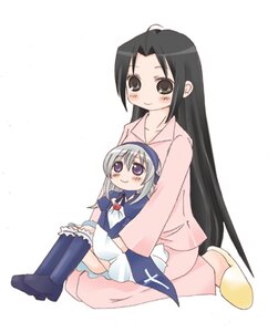 Rating: Safe Score: 0 Tags: 2girls ahoge black_hair blush boots dress grey_hair image kakizaki_megu long_hair long_sleeves multiple_girls sitting smile solo striped suigintou User: admin