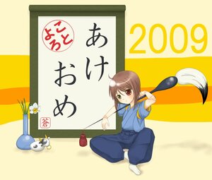 Rating: Safe Score: 0 Tags: 1girl brown_hair calligraphy_brush green_eyes happy_new_year heterochromia image japanese_clothes nengajou new_year paintbrush red_eyes seiza sitting solo souseiseki tatami User: admin