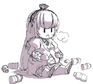 Rating: Safe Score: 0 Tags: 1girl =3 food hairband image lolita_hairband long_hair long_sleeves monochrome simple_background sitting solo suigintou very_long_hair white_background User: admin