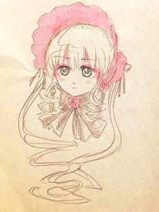 Rating: Safe Score: 0 Tags: 1girl bangs blonde_hair bonnet eyebrows_visible_through_hair flower green_eyes image long_hair looking_at_viewer pink_flower pink_rose rose shinku simple_background solo traditional_media yellow_background User: admin