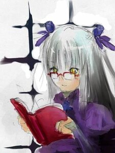 Rating: Safe Score: 0 Tags: 1girl barasuishou bespectacled book glasses holding image long_hair long_sleeves red-framed_eyewear ribbon smile solo upper_body yellow_eyes User: admin