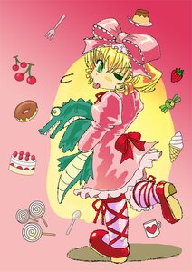 Rating: Safe Score: 0 Tags: 1girl blonde_hair bow cake cup dress food fork fruit green_eyes hair_bow heart hina_ichigo hinaichigo image pink_bow ribbon short_hair solo strawberry striped User: admin